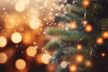 Christmas tree with shiny garland, golden balls, garland. Xmas abstract beautiful background with sparkling lights. Close up. Copy space.