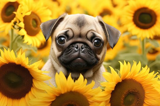 Pug Wallpaper: Captivating Litter of Baby Pugs in a Field of Daisies, generative AI