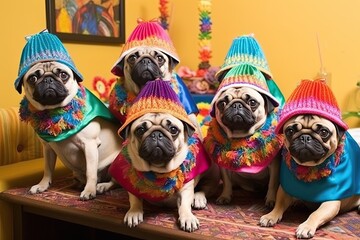 Pugs' Happy Birthday Party with Adorable Tiny Party Hats: Celebrate in Style!, generative AI - obrazy, fototapety, plakaty
