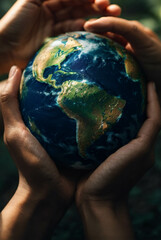 hands holding a small globe, symbolizing care for the environment, conservation and the importance of working together to protect our planet for future generations.