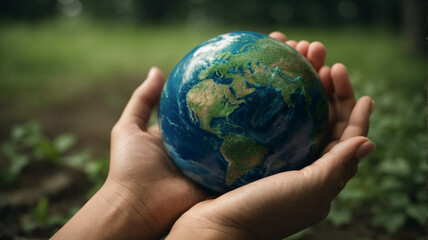 hands holding a small globe, symbolizing care for the environment, conservation and the importance of working together to protect our planet for future generations.