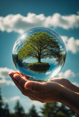 hands holding a globe with a tree inside on a natural light blue background, concept of caring for...