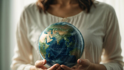 hands of a woman holding a globe in a warm environment, concept of caring for the environment, nature and sustainability, ESG criteria and raising awareness about climate change.