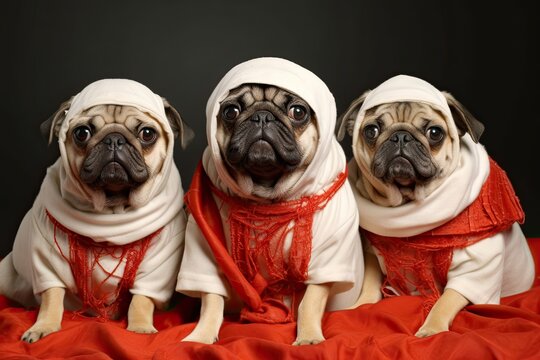 Pugs Halloween Image: Classic Horror Movie Characters - Group of Pugs Dressed as Iconic Monsters, generative AI
