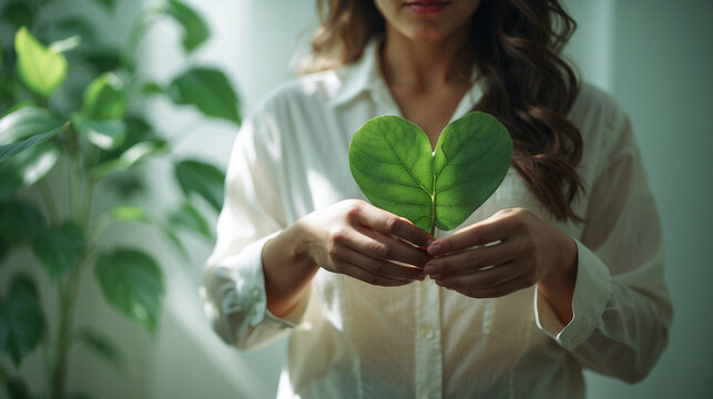 hands of a woman holding a natural leaf in a warm environment, concept of caring for the environment, nature and sustainability, ESG criteria and awareness of climate change.