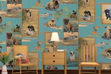 Pugs Wallpaper: Montage of Adorable Pugs in Various Landscapes for Perfect Desktop Backgrounds, generative AI