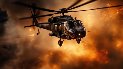 A military helicopter flies through fire and smoke.
