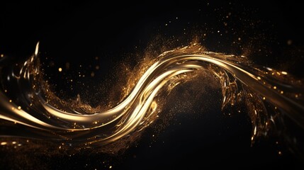 An image of spinning gold particles suspended in a liquid, with a glowing light. - obrazy, fototapety, plakaty
