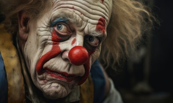 An image of a tired clown with makeup on his face.