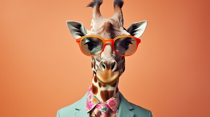 Image featuring a stylish giraffe wearing clothes against a soft pastel background.