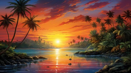 Image of a colorful sunset with palm trees.