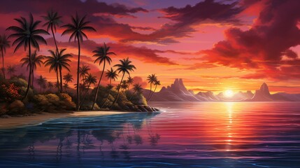 Image of a colorful sunset with palm trees.