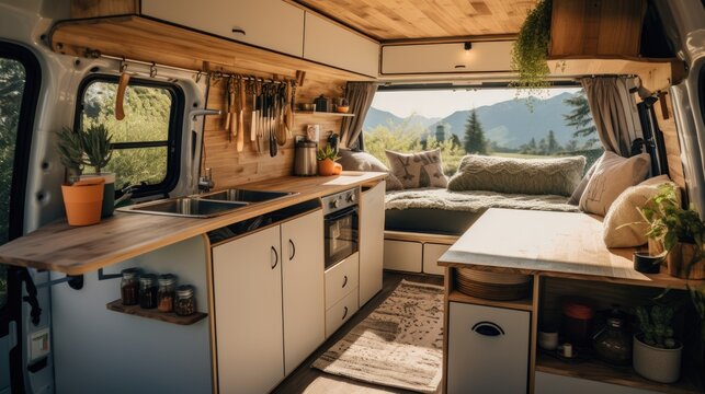 Image of kitchen interior inside a van.