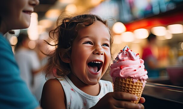 Joyful child holding ice cream.