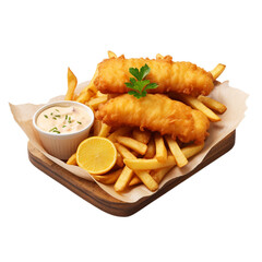 fish and chips with sauce on a wooden board isolated on white background, ai generated