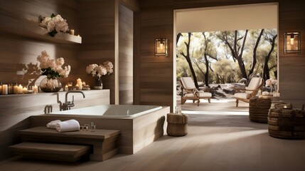 A tranquil spa bathroom with a pristine bathtub
