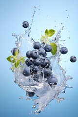 Water splashing on blueberry over blu background. Generative Ai