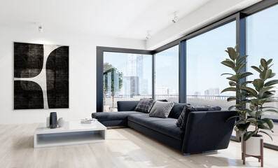 Large luxury modern bright interiors Living room mockup illustration 3D rendering computer digitally generated image - 661660486