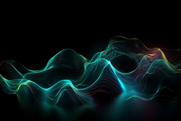 Dark background with shimmering neon highlights. Flowing waves and curls give it a glossy texture. Generative AI - obrazy, fototapety, plakaty