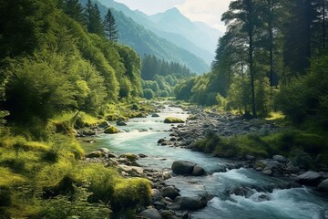 Scenic view of a river flowing through a lush forest surrounded by mountains. Generative AI - obrazy, fototapety, plakaty