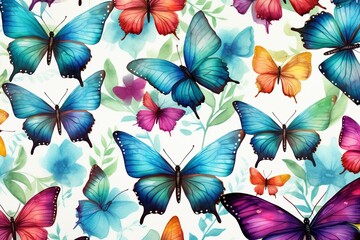 Pattern of colorful butterflies painted in watercolors. Generative AI