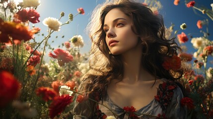 Naklejka premium Blonde woman amidst vibrant flowers under a blue sky, capturing nature's beauty and ethereal elegance.