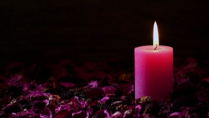 One pink lit scented wax candle on potpourri romantic rustic wooden setting shallow focus copy space to the left