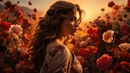 Naklejka premium Blonde woman amidst vibrant flowers under a blue sky, capturing nature's beauty and ethereal elegance.