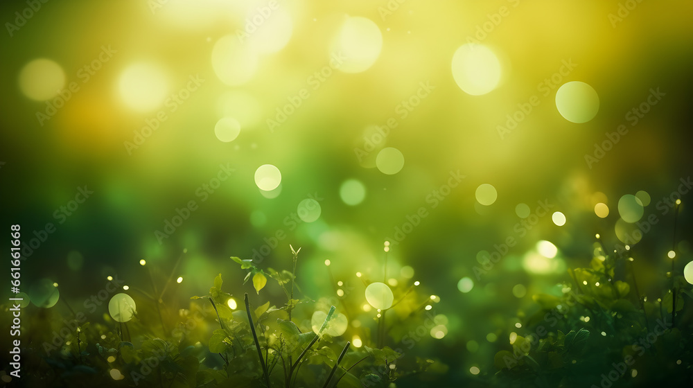 Poster blurred greenery background with dew drops and sunny bokeh with copy space