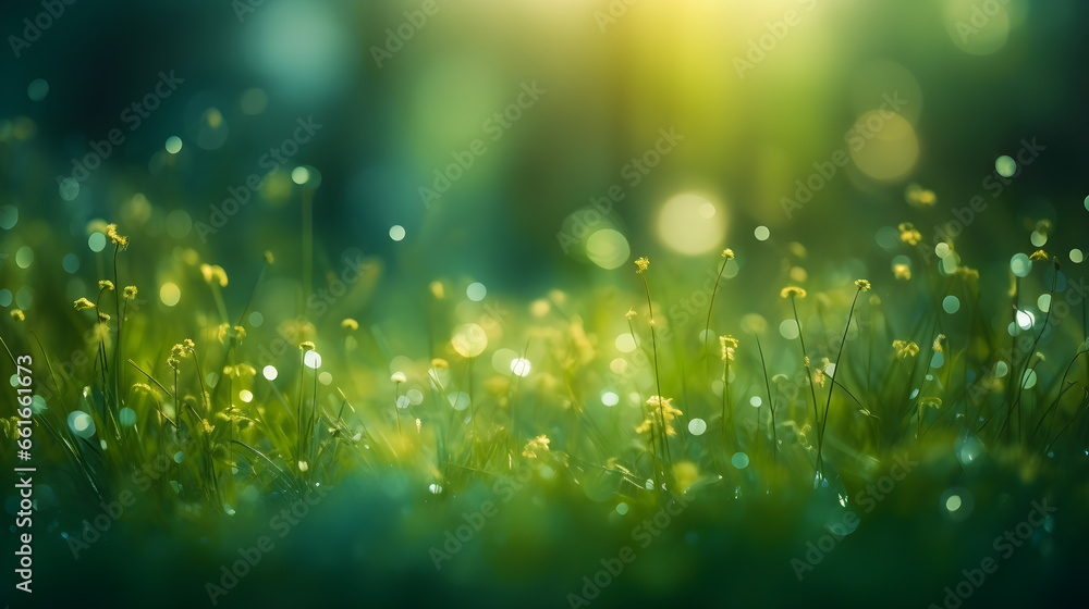 Poster blurred greenery background with dew drops and sunny bokeh with copy space