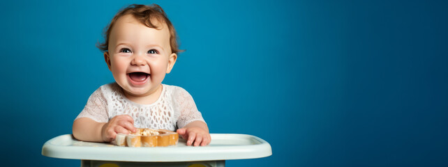 Small happy baby girl smiles and sits at the table. Concept of healthy kids food. Blue background. Ai generative illustration
