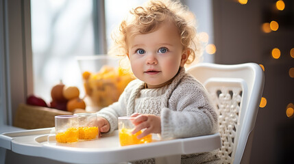 Small happy Boy smile. Child is sitting in kitchen, having meal. Concept of healthy kids food. Ai generative illustration
