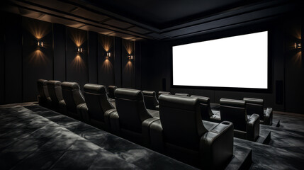 Naklejka premium Movie cinema hall interior with rows of seats and white blank mockup screen. Ai generative illustration