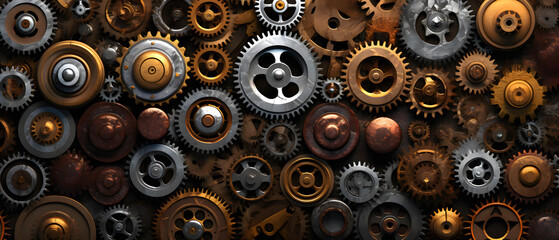 tech fantasy background made of gears made of different metals - obrazy, fototapety, plakaty