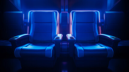 Movie cinema hall interior with blue row of seats. Ai generative illustration