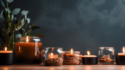 dark candles and plants - dark background with copy space in the style of advertising spa and zen comprehension - obrazy, fototapety, plakaty