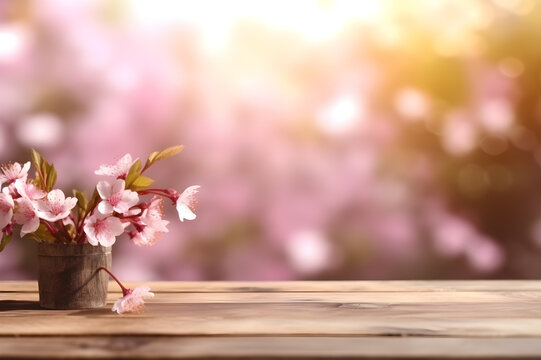 photo background of wooden table with cherry blossom branches and blurred spring background behind with space for text