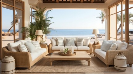 Coastal living room with nautical decor and ocean views
