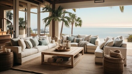 Coastal living room with nautical decor and ocean views
