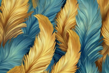 A golden feathery pattern with a gentle shade of blue. Generative AI