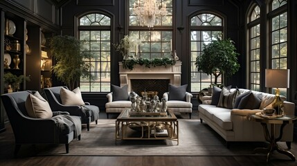 Naklejka premium Elegant living room adorned with crystal chandeliers and drapes 