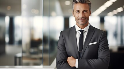 Fototapeta premium Portrait of a confident male bank manager, standing inside a modern bank lobby Banking