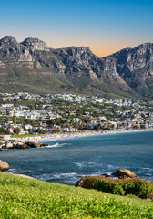 Camps bay and the Twelve Apostles mountain from Fourth Beach, Clifton, Cape Town, South Africa