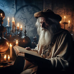 Nostradamus in his laboratory reading a mystery book.