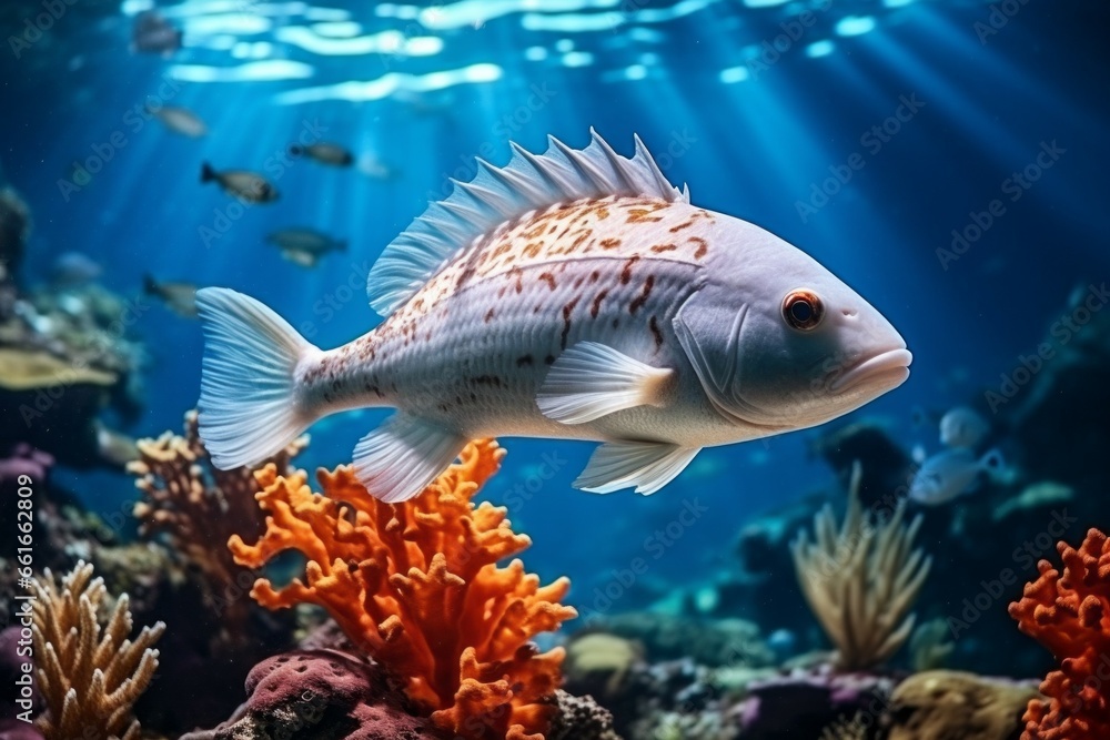 Poster fish underwater. background with selective focus and copy space