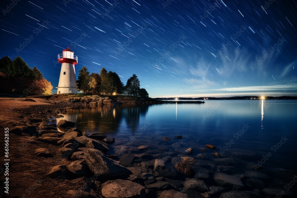 Poster lighthouse on the seashore. background with selective focus and copy space