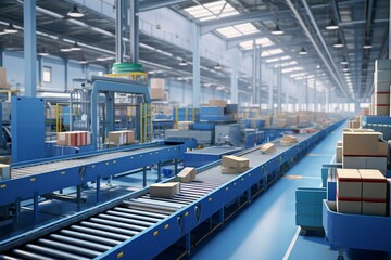 Modern warehouse with moving conveyor belt. Generative AI - obrazy, fototapety, plakaty