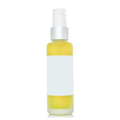 yellow liquid filled spray bottle with white top, silver cap, white blank label, isolated on white