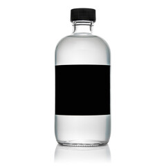 glass bottle with black blank label and black cap isolated on white