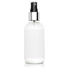 empty spray bottle with blank white label isolated on white 